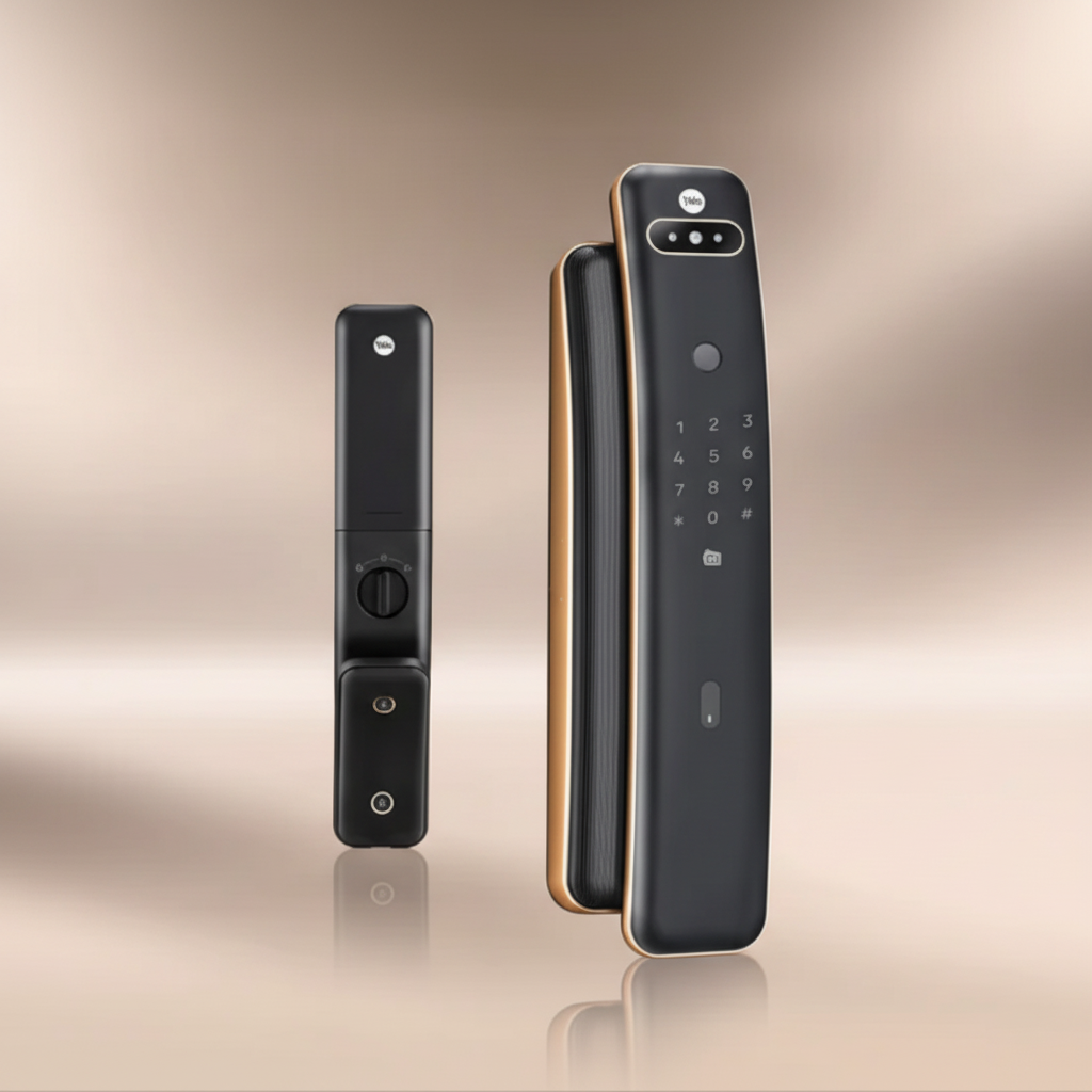 Front and interior views of the Yale Luna Pro + Facial Smart Digital Door Lock in black antique brass, showing the exterior touch keypad with facial recognition camera and the interior unit with thumbturn control on a neutral background.
