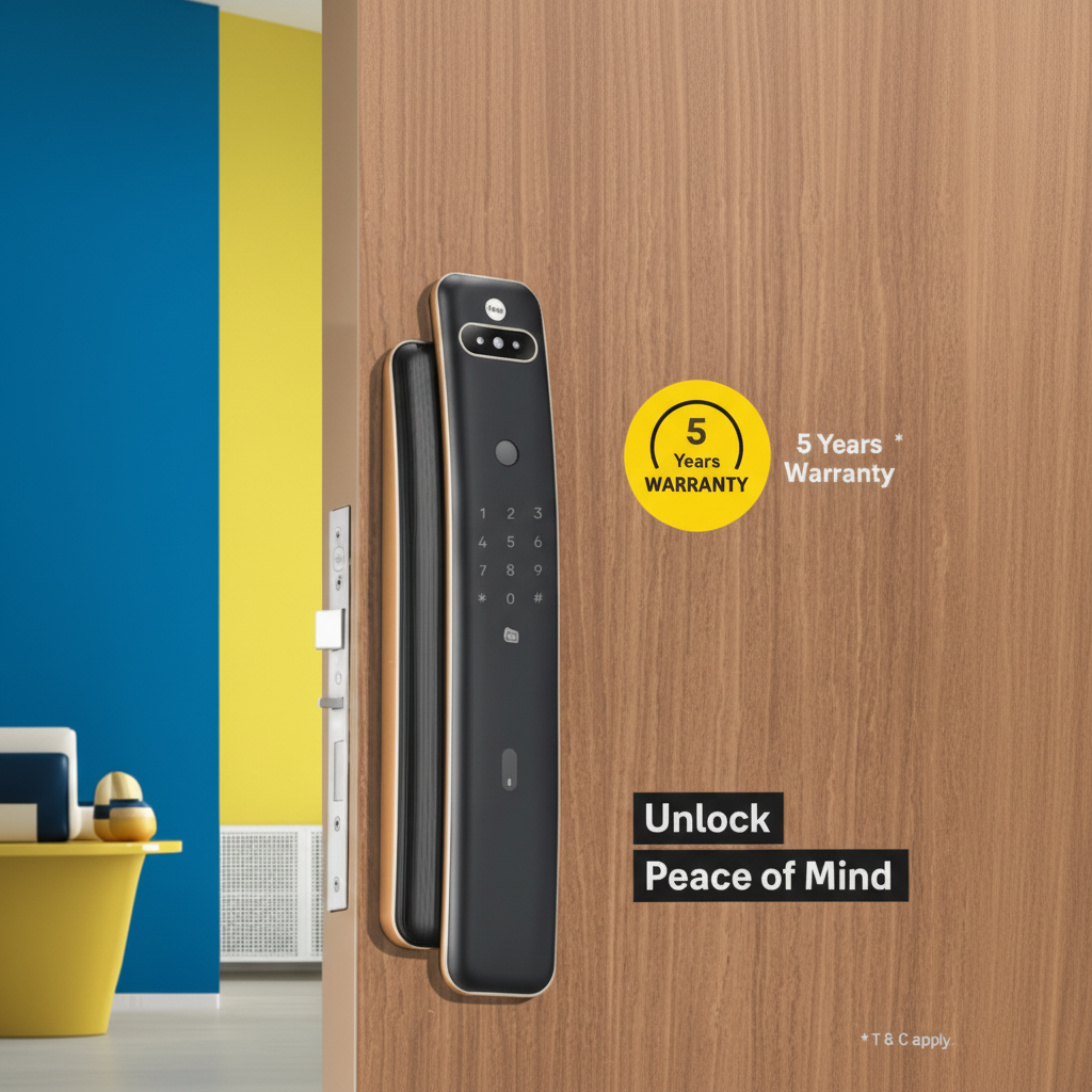 Yale Luna Pro+ Facial smart digital door lock installed on a wooden door with black and antique brass finish, featuring face recognition keypad and 5-year warranty.