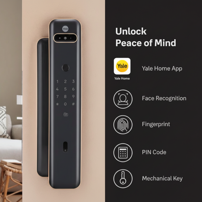 Yale Luna Pro+ Facial smart digital door lock with face recognition, fingerprint, PIN keypad, and mechanical key access, compatible with Yale Home App.
