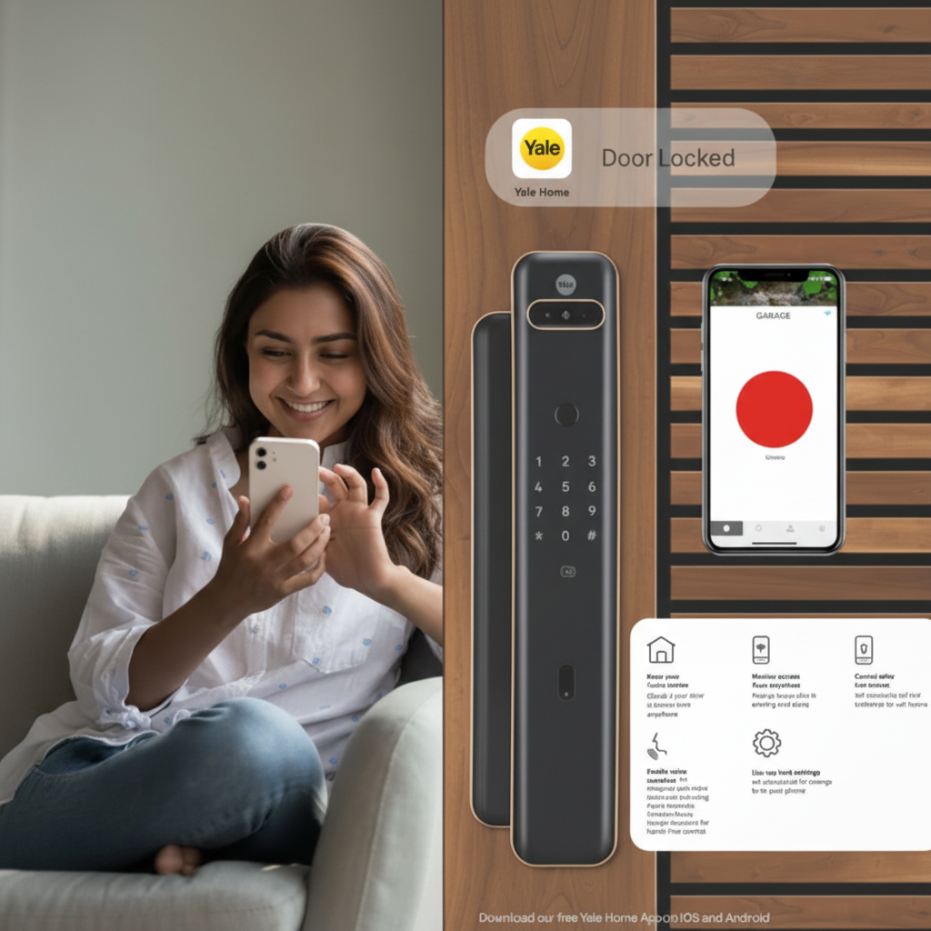 Yale Luna Pro+ Facial smart door lock with Yale Home App remote control shown on smartphone, enabling secure digital access and door lock monitoring.
