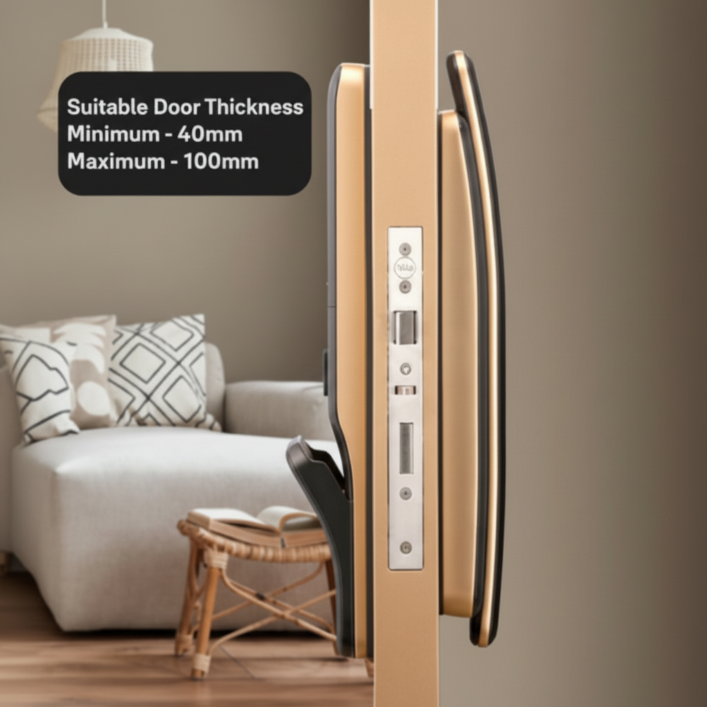 Yale Luna Pro+ Facial smart digital door lock installed on a door, showing compatibility with door thickness from 40mm to 100mm.