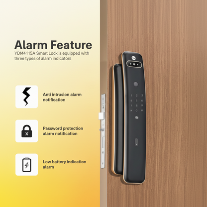 Yale Luna Pro + Facial smart digital door lock showing alarm features including anti-intrusion alert, password protection notification, and low battery indication.