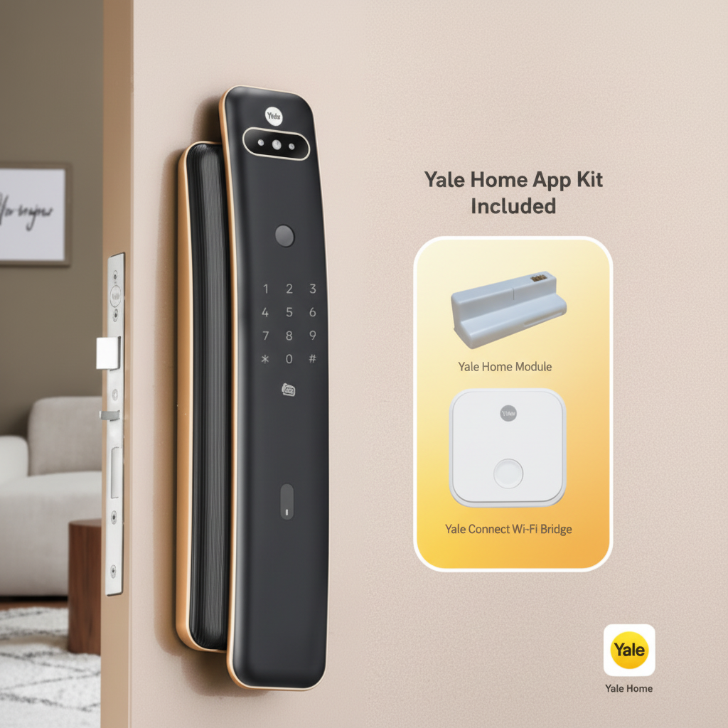 Yale Luna Pro + Facial smart digital door lock with Yale Home App kit, including Yale Home Module and Yale Connect Wi-Fi Bridge for remote access and control.