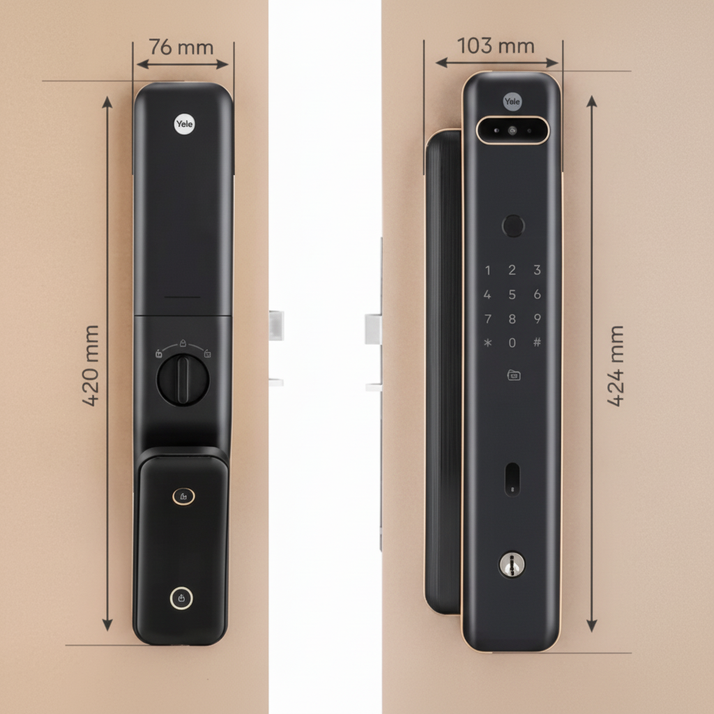 Front and back views of the Yale Luna Pro + Facial Smart Digital Door Lock in black antique brass with dimensions labeled. The front panel measures 424 mm tall and 103 mm wide and features a facial recognition camera, keypad, fingerprint reader, RFID card icon, and key cylinder. The rear panel measures 420 mm tall and 76 mm wide with a thumb turn and interior controls.