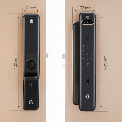 Front and back views of the Yale Luna Pro + Facial Smart Digital Door Lock in black antique brass with dimensions labeled. The front panel measures 424 mm tall and 103 mm wide and features a facial recognition camera, keypad, fingerprint reader, RFID card icon, and key cylinder. The rear panel measures 420 mm tall and 76 mm wide with a thumb turn and interior controls.