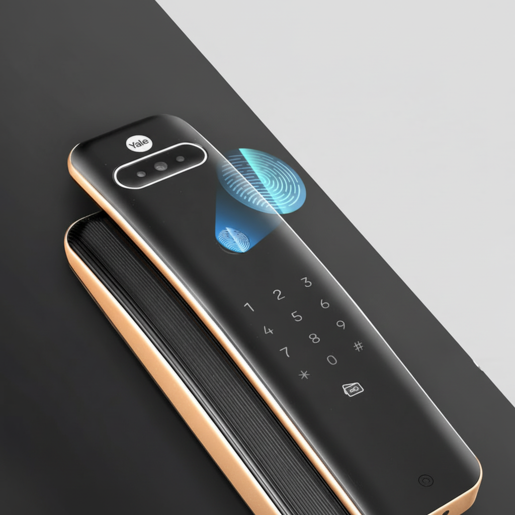 Angled view of the Yale Luna Pro + Facial Smart Digital Door Lock in black antique brass showing the touch keypad, facial recognition camera, and fingerprint scanner with a glowing fingerprint graphic indicating biometric authentication.