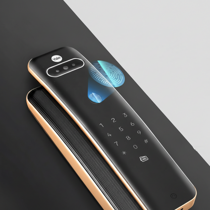 Angled view of the Yale Luna Pro + Facial Smart Digital Door Lock in black antique brass showing the touch keypad, facial recognition camera, and fingerprint scanner with a glowing fingerprint graphic indicating biometric authentication.