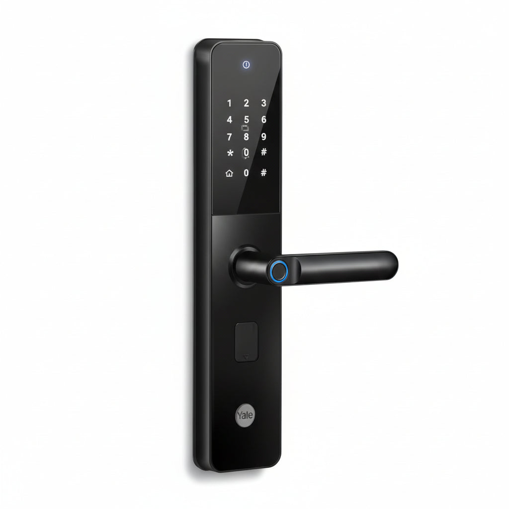 Yale YDME 100 NxT, Smart Door Lock with Biometric, Pincode, RFID Card & Mechanical Keys, Color- Black, for Home & Office