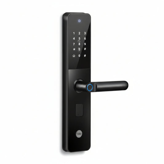 Yale YDME 100 NxT, Smart Door Lock with Biometric, Pincode, RFID Card & Mechanical Keys, Color- Black, for Home & Office