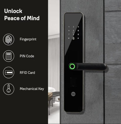 Yale YDME 100 NxT, Smart Door Lock with Biometric, Pincode, RFID Card & Mechanical Keys, Color- Black, for Home & Office