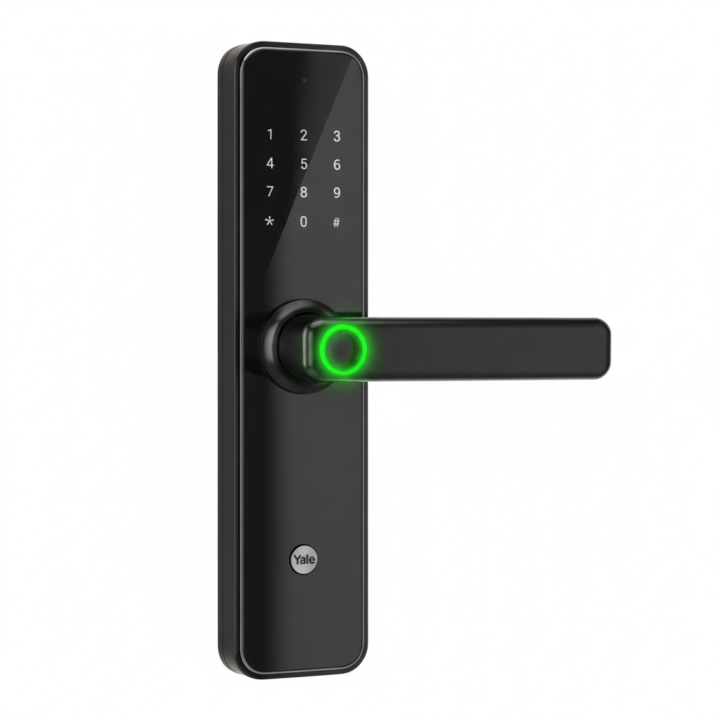 Yale YDME 50 NxT, Smart Door Lock with Biometric, Pincode, RFID Card & Mechanical Keys, Color- Black, for Home & Office