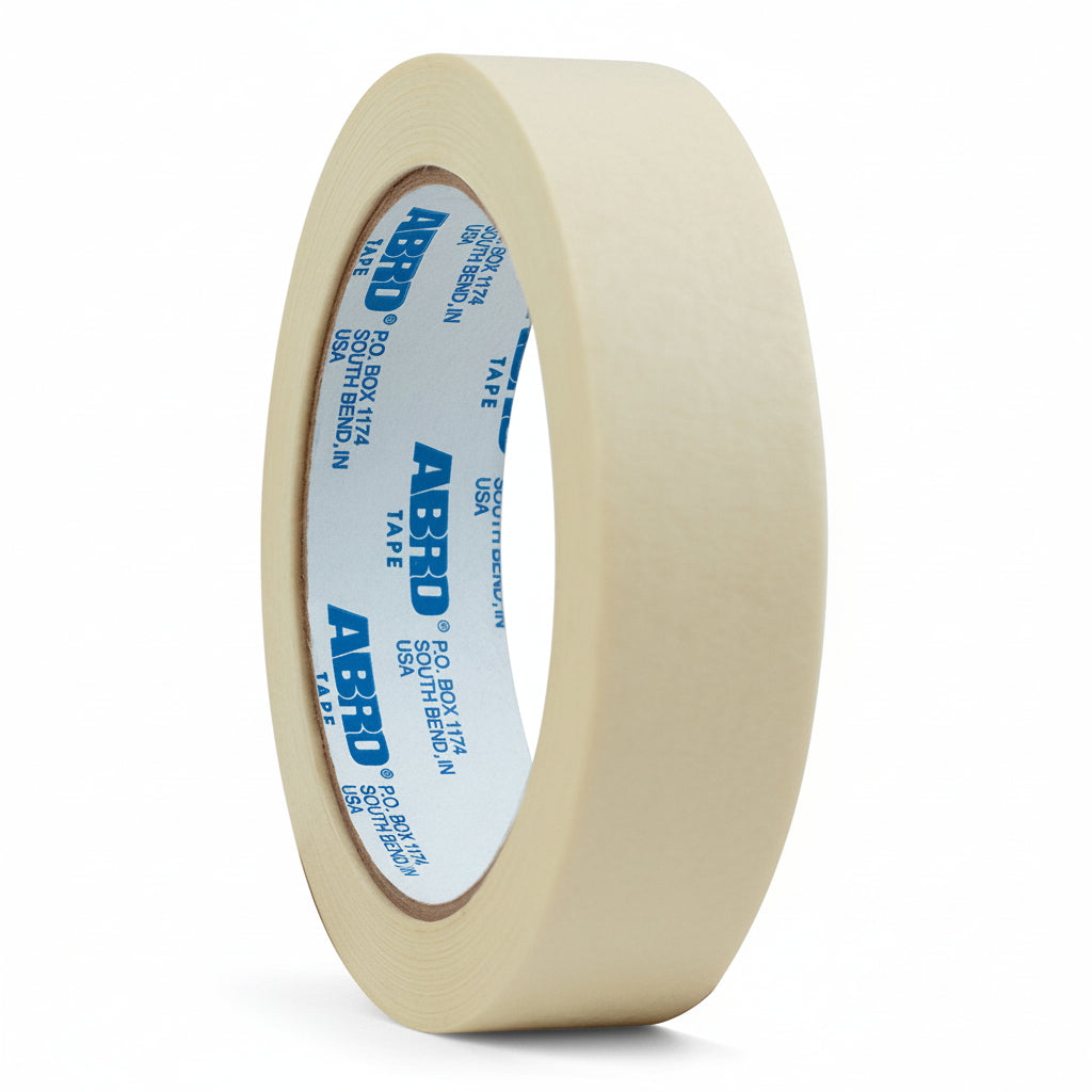 A single roll of cream-colored ABRO 6123 professional masking tape standing upright on a white background. The inner cardboard core displays the ABRO brand logo and South Bend, Indiana address, highlighting its use for clean lines in painting and general purpose masking.