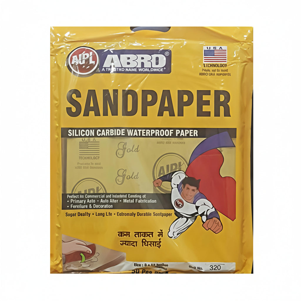 A yellow retail pack of ABRO Silicon Carbide Waterproof Sandpaper, 320 grit. This long-life, durable abrasive paper is designed for wet or dry sanding in automotive, metal fabrication, and furniture projects.