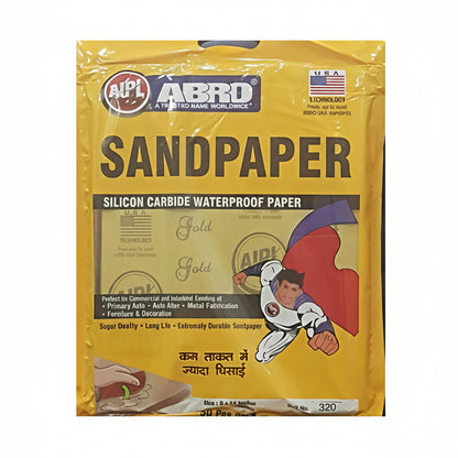 A yellow retail pack of ABRO Silicon Carbide Waterproof Sandpaper, 320 grit. This long-life, durable abrasive paper is designed for wet or dry sanding in automotive, metal fabrication, and furniture projects.