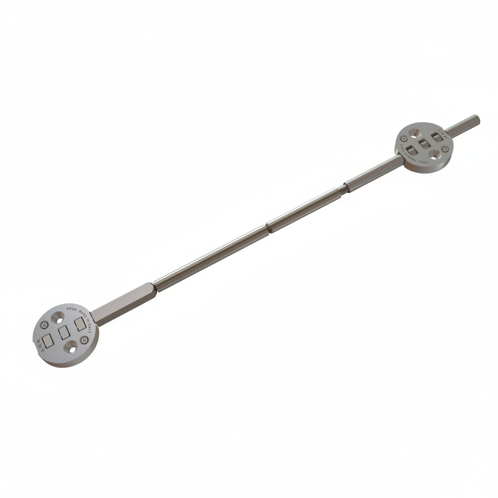 An Ebco door straightener hardware kit featuring a durable stainless steel tension rod system with circular mounting plates. This professional-grade anti-warp mechanism is designed for installation on large wardrobe doors and cabinet panels to correct or prevent bowing and warping, ensuring perfectly aligned and flat surfaces for high-end furniture.