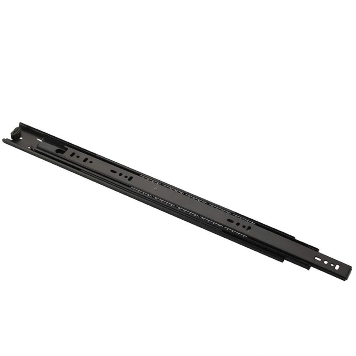A premium Aeron Classic telescopic drawer channel featuring a sleek black powder-coated finish. This heavy-duty 3-fold ball bearing slide is designed for full extension, providing smooth and silent movement for kitchen drawers, office cabinets, and furniture storage. Crafted from high-grade cold-rolled steel for long-lasting durability and high load-bearing capacity.
