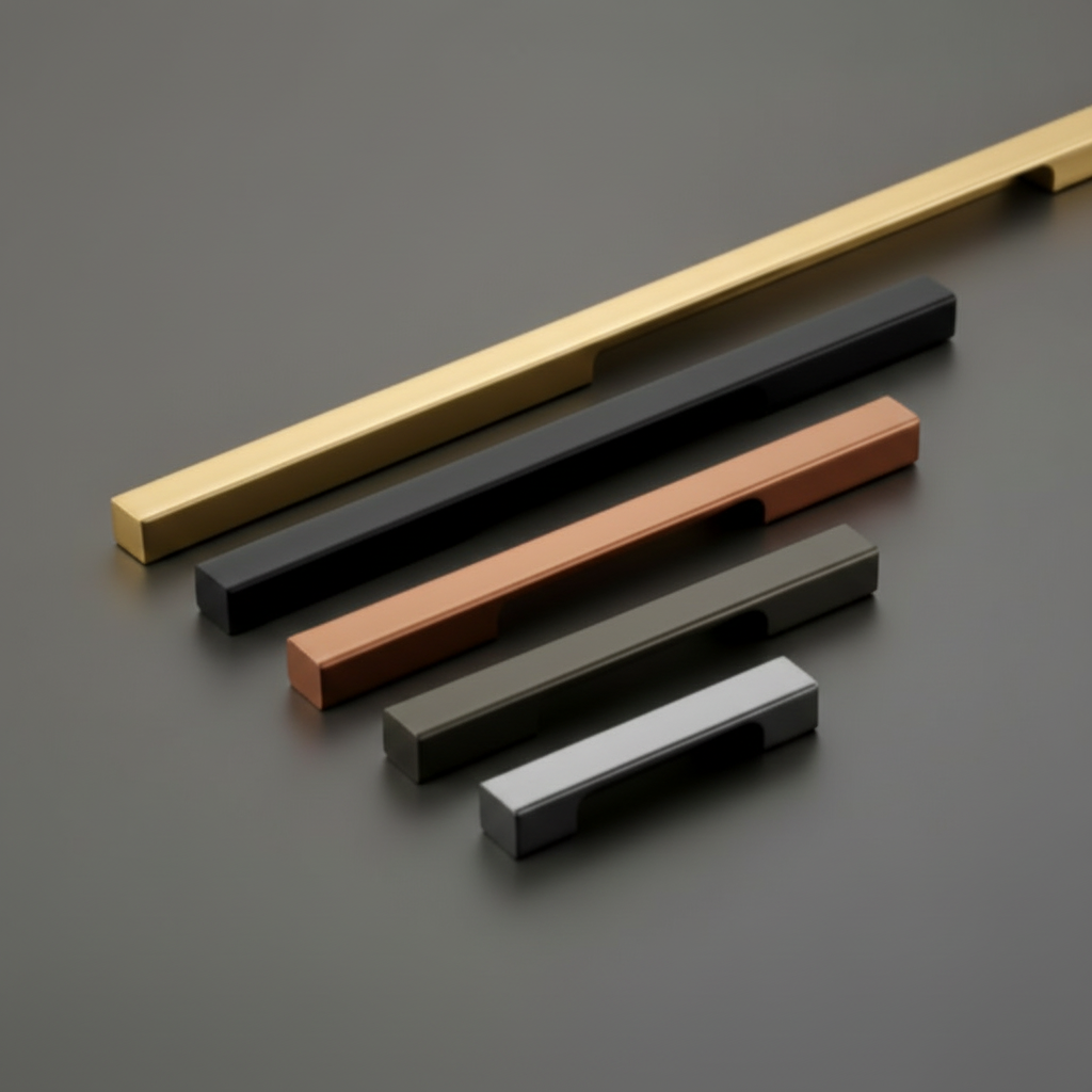 A luxury collection of Creatick AL-26 minimalist cabinet handles featuring a sharp, square-edge profile and a clean architectural design. These modern aluminum handles are shown in various lengths and premium finishes including satin gold, matte black, rose gold, gunmetal, and brushed silver—an ideal hardware solution for contemporary kitchen cabinetry and designer furniture.