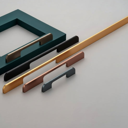 A luxury collection of Creatick AL-3 minimalist cabinet handles featuring a sleek, ultra-slim profile and curved ergonomic grip. These modern edge-pull handles are shown in multiple lengths and premium finishes including matte black, satin gold, rose gold, slate grey, and antique brass—perfect for contemporary kitchen cabinetry, designer wardrobes, and high-end furniture.