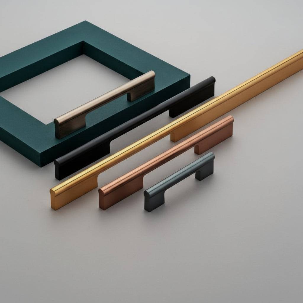 A premium collection of Creatick AL-5 modern cabinet pulls featuring a sleek curved lip design for a comfortable ergonomic grip. These minimalist aluminum handles are shown in multiple lengths and designer finishes including antique brass, matte black, satin gold, rose gold, and charcoal grey—perfect for high-end kitchen cabinetry and contemporary furniture.