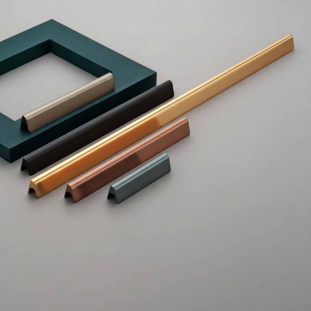 A luxury collection of Creatick AL-52 modern cabinet handles featuring a unique triangular architectural profile and a sleek integrated grip. These minimalist aluminum pulls are shown in various lengths and premium finishes including antique bronze, matte black, satin gold, rose gold, and slate grey—perfect for high-end kitchen cabinetry and contemporary designer furniture.