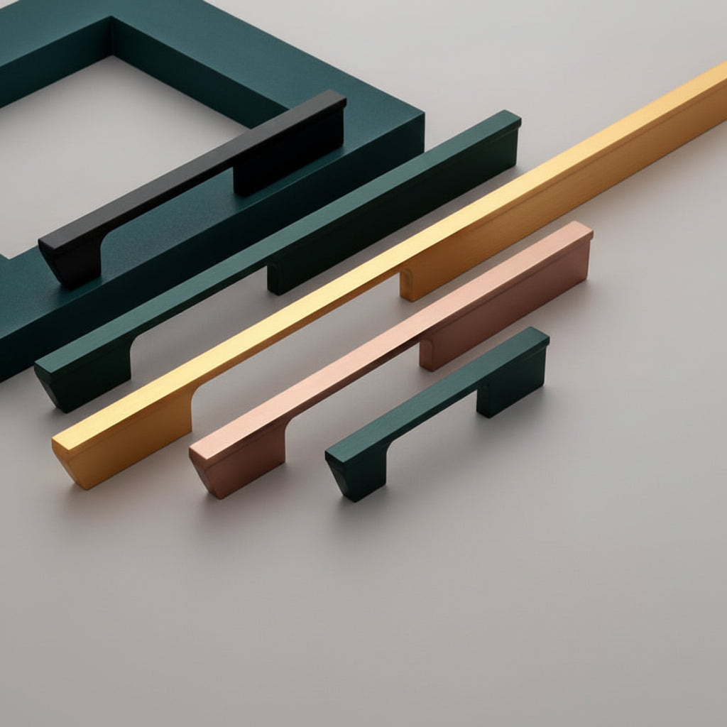 A premium collection of Creatick AL-60 modern cabinet handles featuring a bold, geometric wedge-shaped profile and a sleek flat top. These minimalist aluminum pulls are shown in various lengths and designer finishes including matte black, satin gold, and rose gold—an ideal hardware choice for high-end kitchen cabinetry, luxury wardrobes, and contemporary furniture design.
