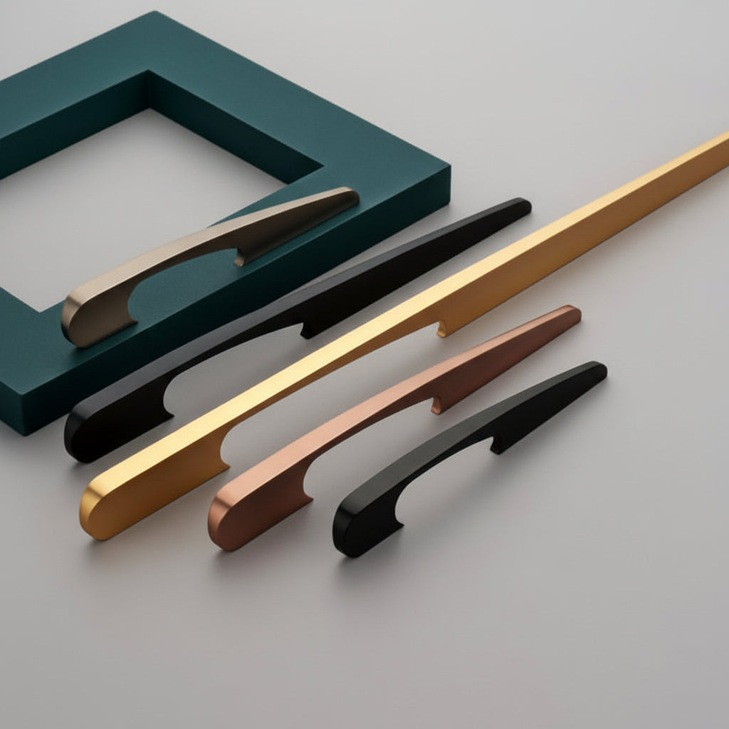 A luxury collection of Creatick AL-61 modern cabinet handles featuring a unique tapered, sculptural profile with a rounded front edge. These minimalist designer pulls are shown in various lengths and premium finishes including antique brass, matte black, satin gold, and rose gold—perfect for high-end kitchen cabinetry, bespoke wardrobes, and contemporary furniture hardware.