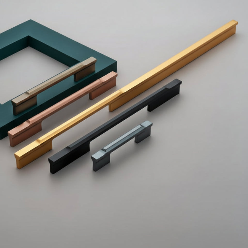 A premium collection of Creatick AL-66 modern cabinet handles featuring a unique stepped architectural profile and a flat-top grip. These minimalist aluminum pulls are shown in multiple lengths and designer finishes including antique brass, rose gold, satin gold, matte black, and slate grey—an ideal choice for luxury kitchen cabinetry and contemporary furniture design.