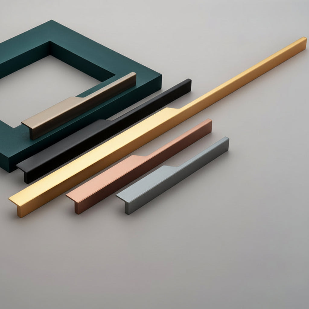 A luxury collection of Creatick AL-72 modern cabinet handles featuring an ultra-slim, minimalist edge-pull design with a clean architectural profile. These premium aluminum handles are shown in various lengths and designer finishes including antique brass, matte black, satin gold, rose gold, and slate grey—perfect for high-end kitchen cabinetry and contemporary furniture design.