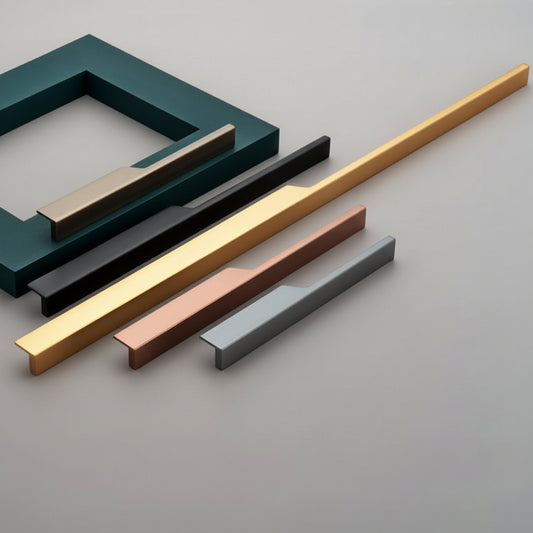 A luxury collection of Creatick AL-72 modern cabinet handles featuring an ultra-slim, minimalist edge-pull design with a clean architectural profile. These premium aluminum handles are shown in various lengths and designer finishes including antique brass, matte black, satin gold, rose gold, and slate grey—perfect for high-end kitchen cabinetry and contemporary furniture design.