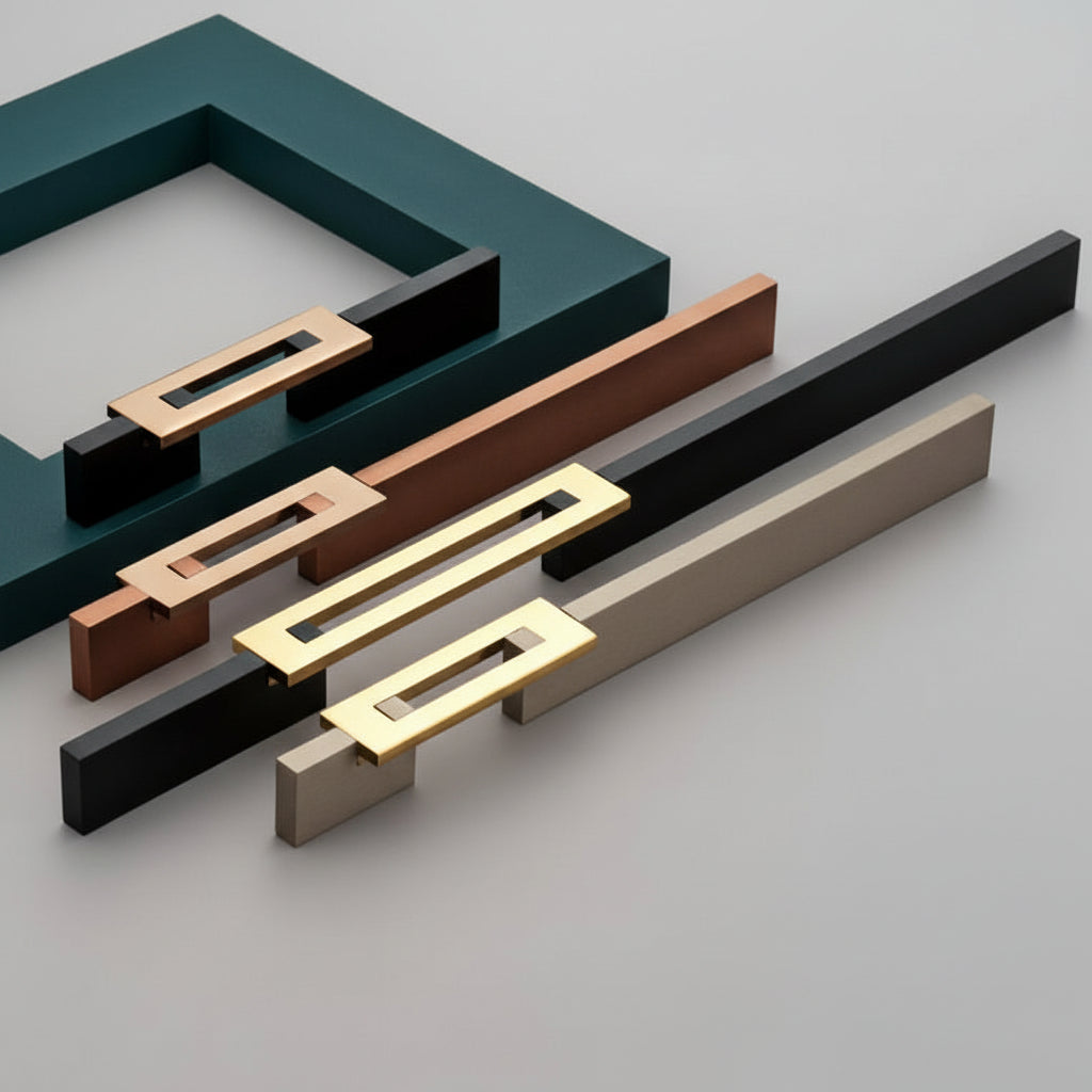A premium collection of Creatick AL-77 modern cabinet handles featuring a minimalist flat bar base with a unique hollow rectangular top grip. These designer dual-tone pulls are shown in multiple lengths and finishes including matte black with gold, brushed rose gold, and champagne silver—an ideal architectural hardware choice for luxury kitchen cabinetry and contemporary furniture design.