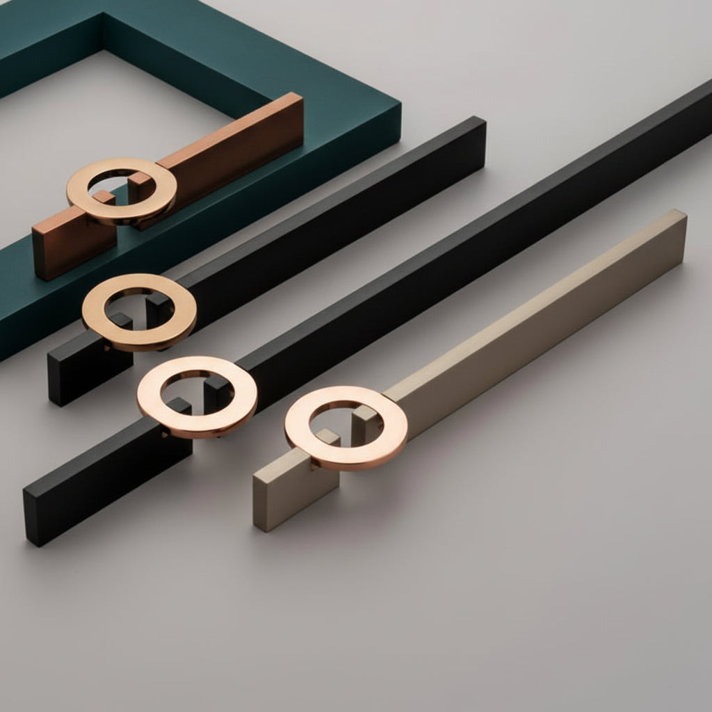 A premium collection of Creatick AL-78 modern cabinet handles featuring a minimalist flat bar design accented by a unique polished circular ring grip. These artistic designer pulls are shown in various lengths and dual-tone finishes including matte black with rose gold, antique bronze, and champagne silver—an ideal choice for luxury kitchen cabinetry, bespoke wardrobes, and contemporary furniture hardware.