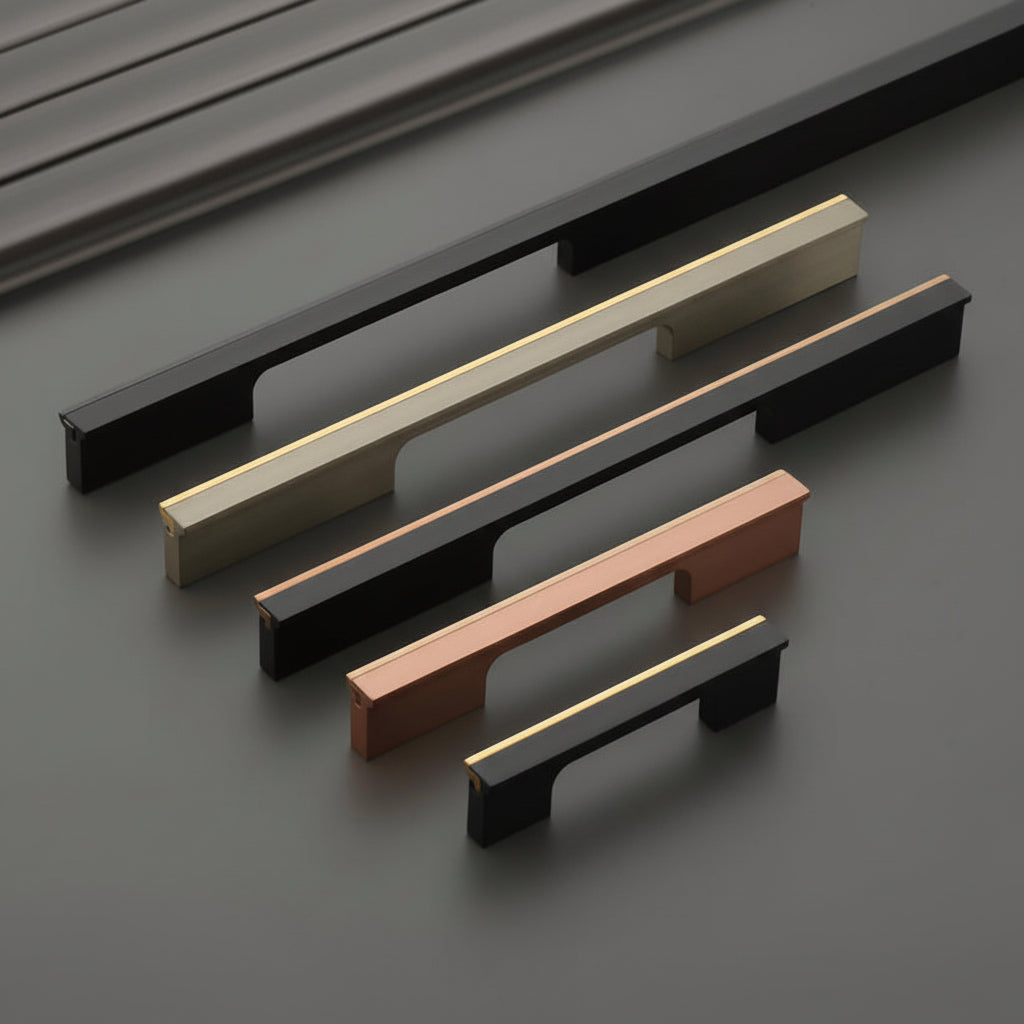 A luxury collection of Creatick AL-82 modern cabinet handles featuring a sleek, rectangular architectural profile with a sophisticated gold-edge accent. These premium aluminum pulls are shown in various lengths and designer finishes including matte black with gold, antique brass, and brushed copper—perfect for high-end kitchen cabinetry and contemporary designer furniture.
