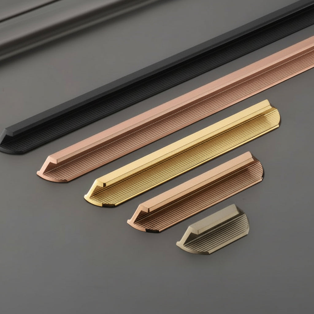 A premium collection of Creatick AL-84 modern edge-pull cabinet handles featuring a sleek lip design with a sophisticated horizontal linear texture. These minimalist aluminum pulls are shown in various lengths and designer finishes including matte black, rose gold, polished gold, and antique brass—an ideal hardware solution for seamless kitchen cabinetry and contemporary furniture.
