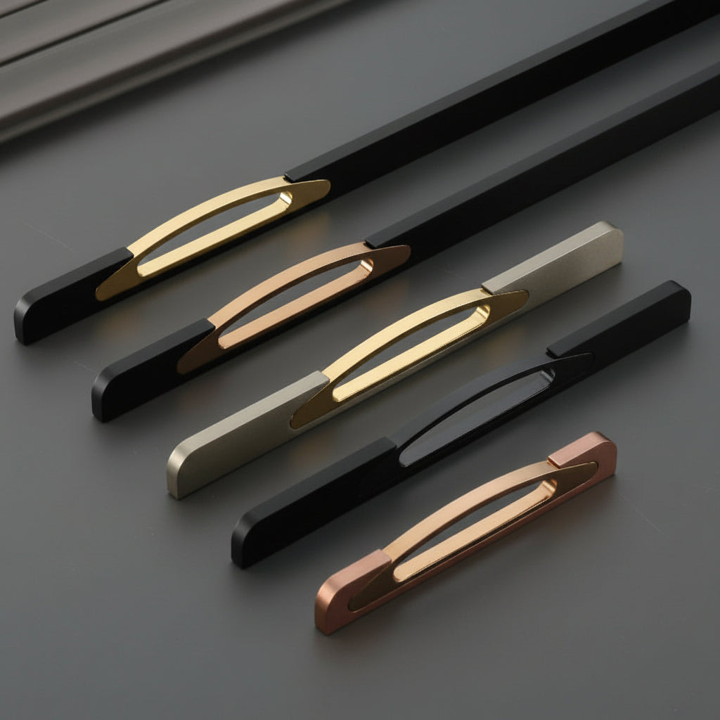 A luxury collection of Creatick AL-86 modern cabinet handles featuring a minimalist flat bar design with an elegant oval-shaped cutout grip. These designer dual-tone pulls are shown in various lengths and premium finish combinations including matte black with gold, brushed silver with gold, and rose gold—an ideal architectural hardware choice for high-end kitchen cabinetry and bespoke furniture.