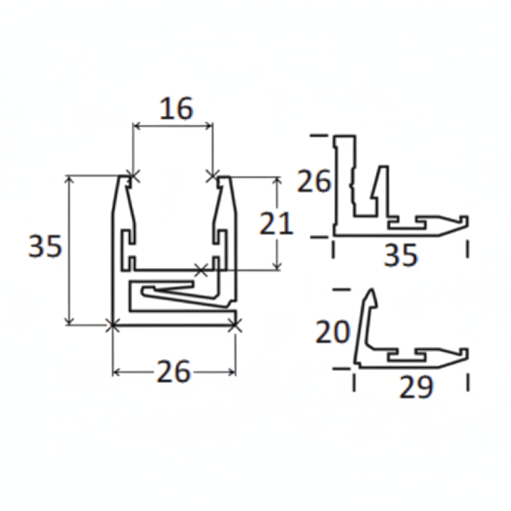 A technical cross-section diagram of an aluminum U-channel profile for architectural glass or partition systems. The schematic illustrates precise measurements: 35mm total height, 26mm base width, and a 16mm internal opening. The diagram also shows detailed interlocking components for secure structural mounting, essential for specifying hardware in modern glass office partitions and railing installations.