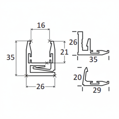 A technical cross-section diagram of an aluminum U-channel profile for architectural glass or partition systems. The schematic illustrates precise measurements: 35mm total height, 26mm base width, and a 16mm internal opening. The diagram also shows detailed interlocking components for secure structural mounting, essential for specifying hardware in modern glass office partitions and railing installations.