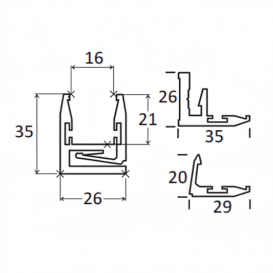 A technical cross-section diagram of an aluminum U-channel profile for architectural glass or partition systems. The schematic illustrates precise measurements: 35mm total height, 26mm base width, and a 16mm internal opening. The diagram also shows detailed interlocking components for secure structural mounting, essential for specifying hardware in modern glass office partitions and railing installations.