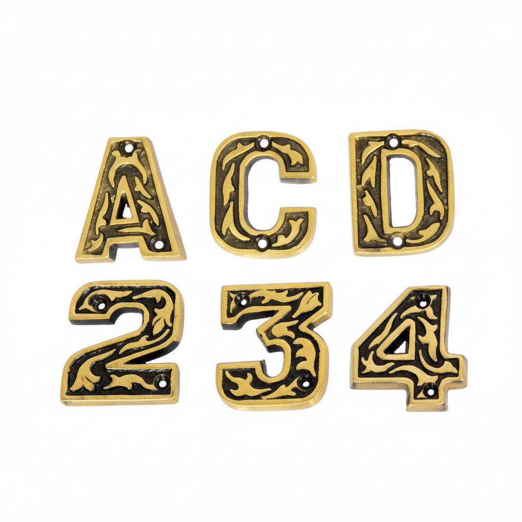 Vintage-style antique brass Fab212 house numbers 2, 3, 4 and alphabets A, C, D featuring an intricate leaf carving design and embossed black detailing.