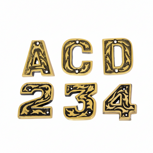 Vintage-style antique brass Fab212 house numbers 2, 3, 4 and alphabets A, C, D featuring an intricate leaf carving design and embossed black detailing.