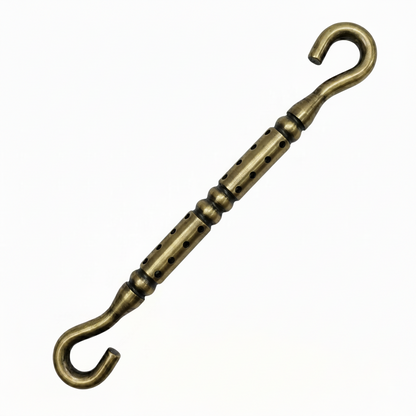 antique brass finish jhula chain extension rod with a unique perforated dotted design and dual S-hook connectors for traditional indoor swings.