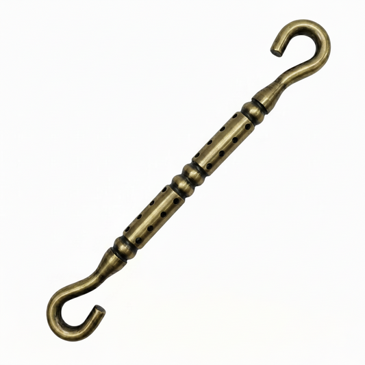 antique brass finish jhula chain extension rod with a unique perforated dotted design and dual S-hook connectors for traditional indoor swings.