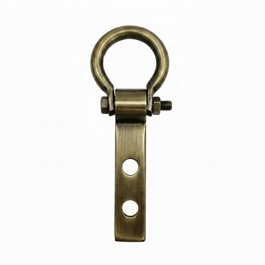 A heavy-duty DLP101 bearing kada hook in a premium antique brass finish, designed for ceiling fan installation or swing hanging. This durable hardware features a smooth-rotating circular ring, a robust metal body with dual mounting holes, and a secure bolt assembly for silent, high-capacity load bearing.