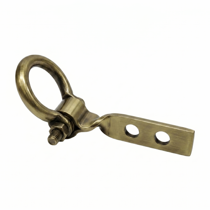 A heavy-duty DLP102 Twist Kada ceiling hook in a premium antique brass finish, designed for high-capacity hanging and 360-degree rotation. This industrial-grade hardware features a unique twisted mounting plate for versatile installation, a reinforced circular ring, and a secure lock-bolt assembly—ideal for ceiling fans, jhulas (swings), and vintage-style chandeliers.