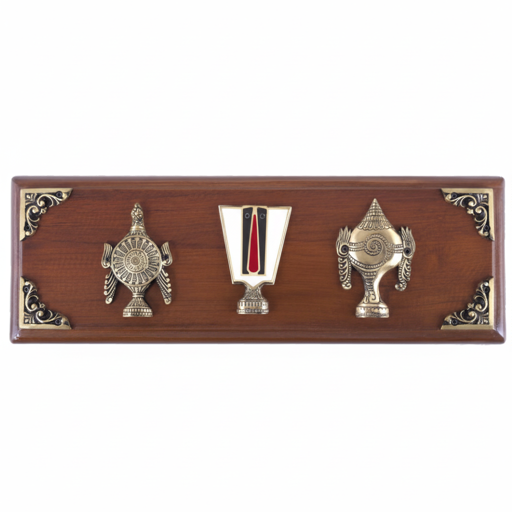 metal wall accents in antique brass finish featuring intensely detailed embossed patterns of Shanku, Chakra, and a traditional Tilak Namam symbol for auspicious home decor