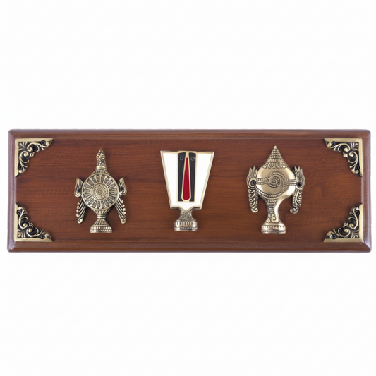 metal wall accents in antique brass finish featuring intensely detailed embossed patterns of Shanku, Chakra, and a traditional Tilak Namam symbol for auspicious home decor