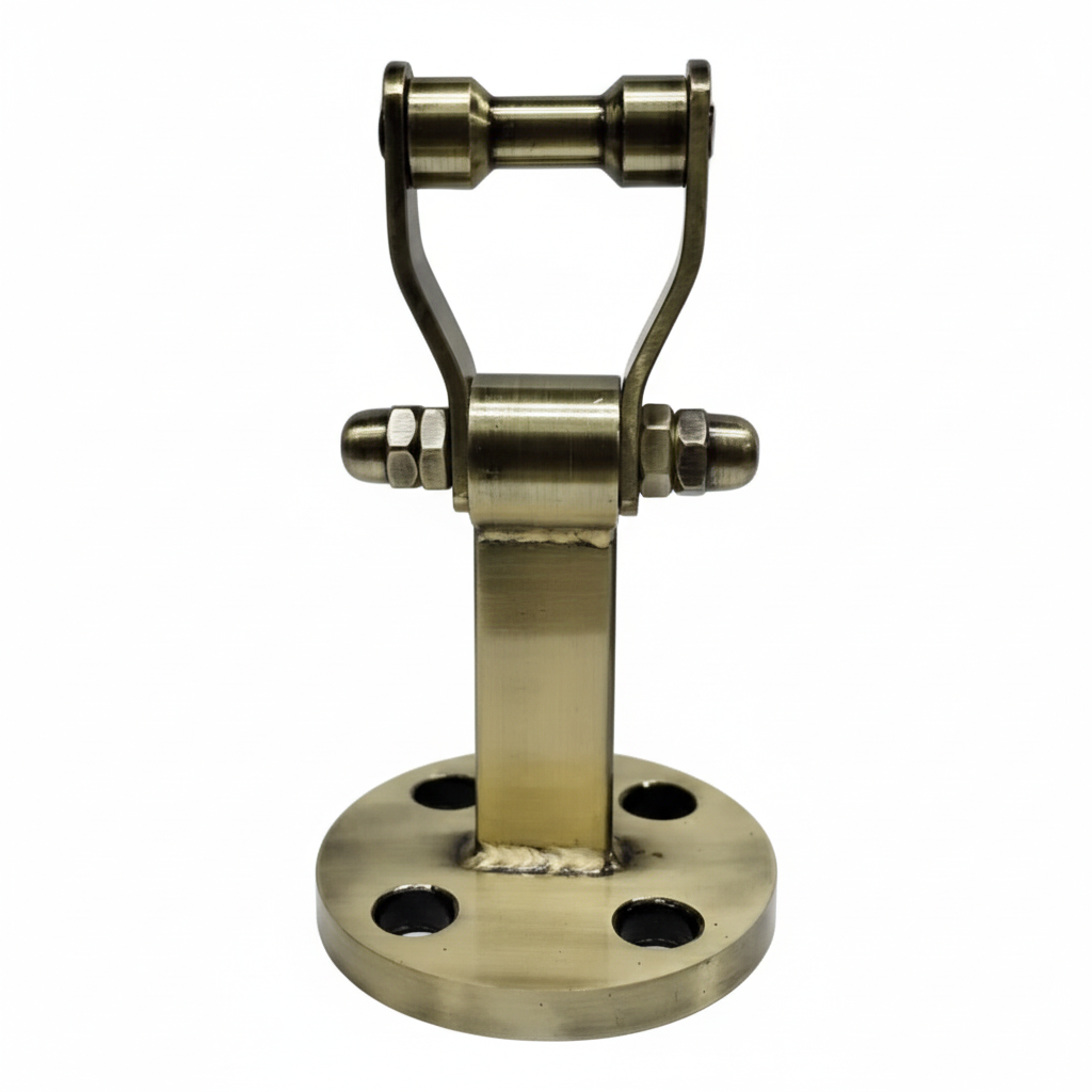 Heavy-duty antique brass finish SS-304 stainless steel circle kada with a 4-hole round mounting plate and reinforced pivot bracket for traditional indoor jhula suspension.