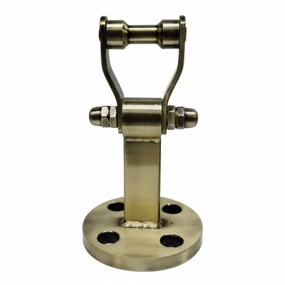 Heavy-duty antique brass finish SS-304 stainless steel circle kada with a 4-hole round mounting plate and reinforced pivot bracket for traditional indoor jhula suspension.