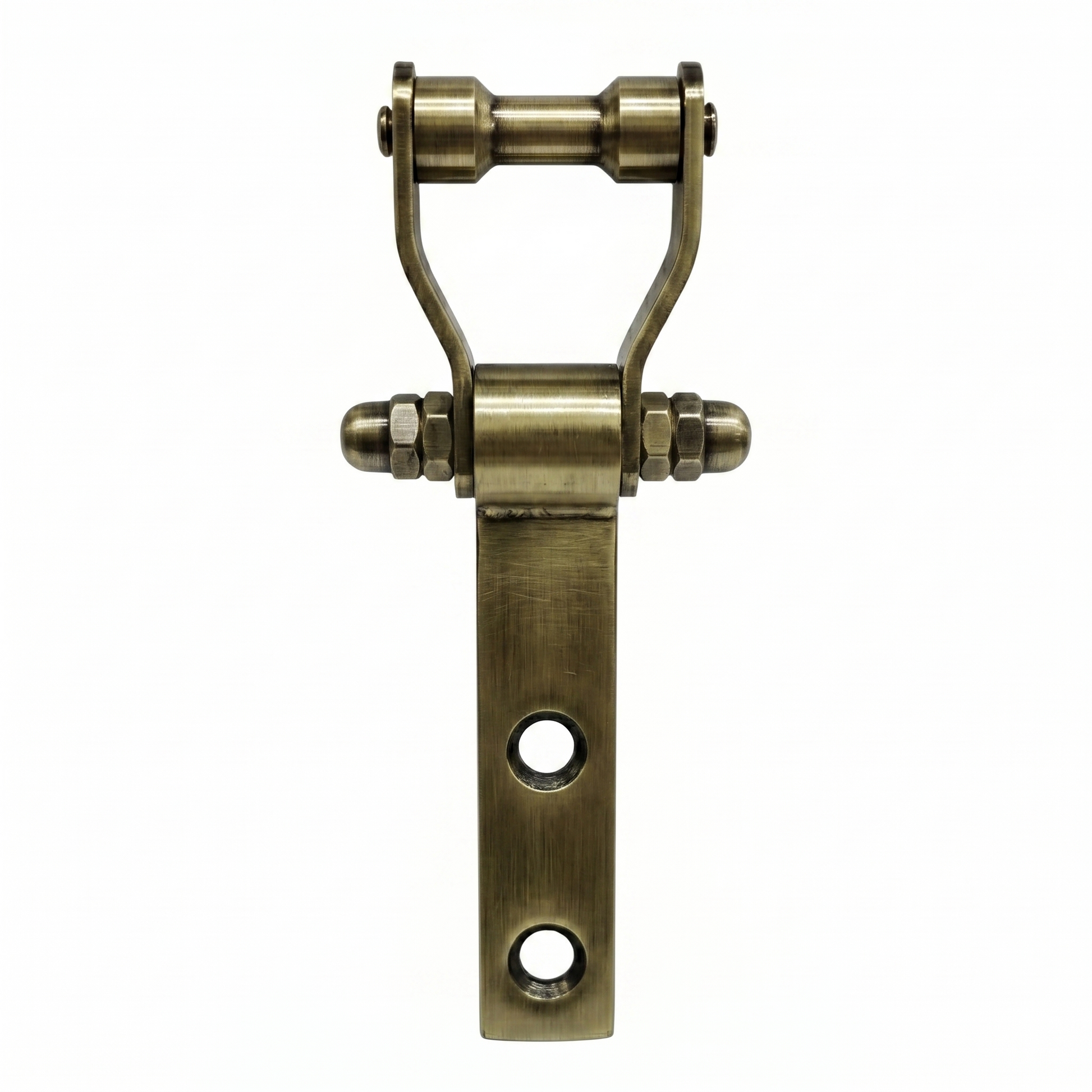 A DLP103 Deluxe Bearing Kada ceiling hook in a antique brass finish. This heavy-duty hardware features a specialized dual-roller bearing mechanism for smooth, silent rotation, a sturdy flat mounting plate with dual pre-drilled holes, and a reinforced triple-nut safety bolt—perfect for luxury ceiling fans, indoor swings, and decorative chandeliers.