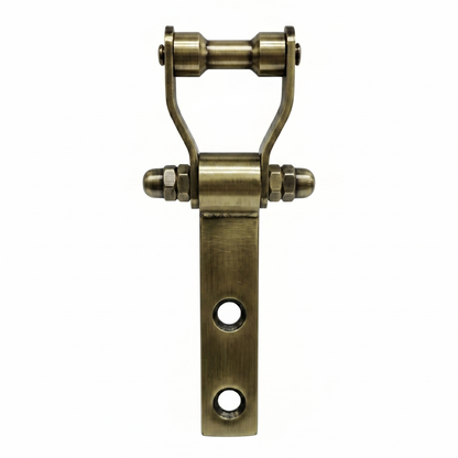 A DLP103 Deluxe Bearing Kada ceiling hook in a antique brass finish. This heavy-duty hardware features a specialized dual-roller bearing mechanism for smooth, silent rotation, a sturdy flat mounting plate with dual pre-drilled holes, and a reinforced triple-nut safety bolt—perfect for luxury ceiling fans, indoor swings, and decorative chandeliers.