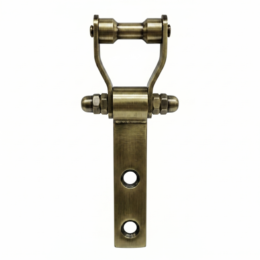 A DLP103 Deluxe Bearing Kada ceiling hook in a antique brass finish. This heavy-duty hardware features a specialized dual-roller bearing mechanism for smooth, silent rotation, a sturdy flat mounting plate with dual pre-drilled holes, and a reinforced triple-nut safety bolt—perfect for luxury ceiling fans, indoor swings, and decorative chandeliers.